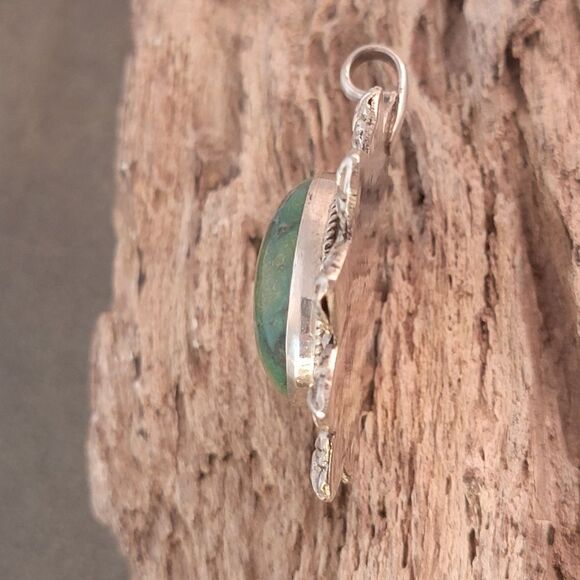 Vintage Royston Sterling Blue Green Brown Turquoise Flourish Bezel Pendant - Picture 7 of 13